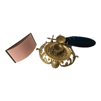Vintage writing kit - Old inkwell and neoclassical ink pad in gilded bronze XIXth