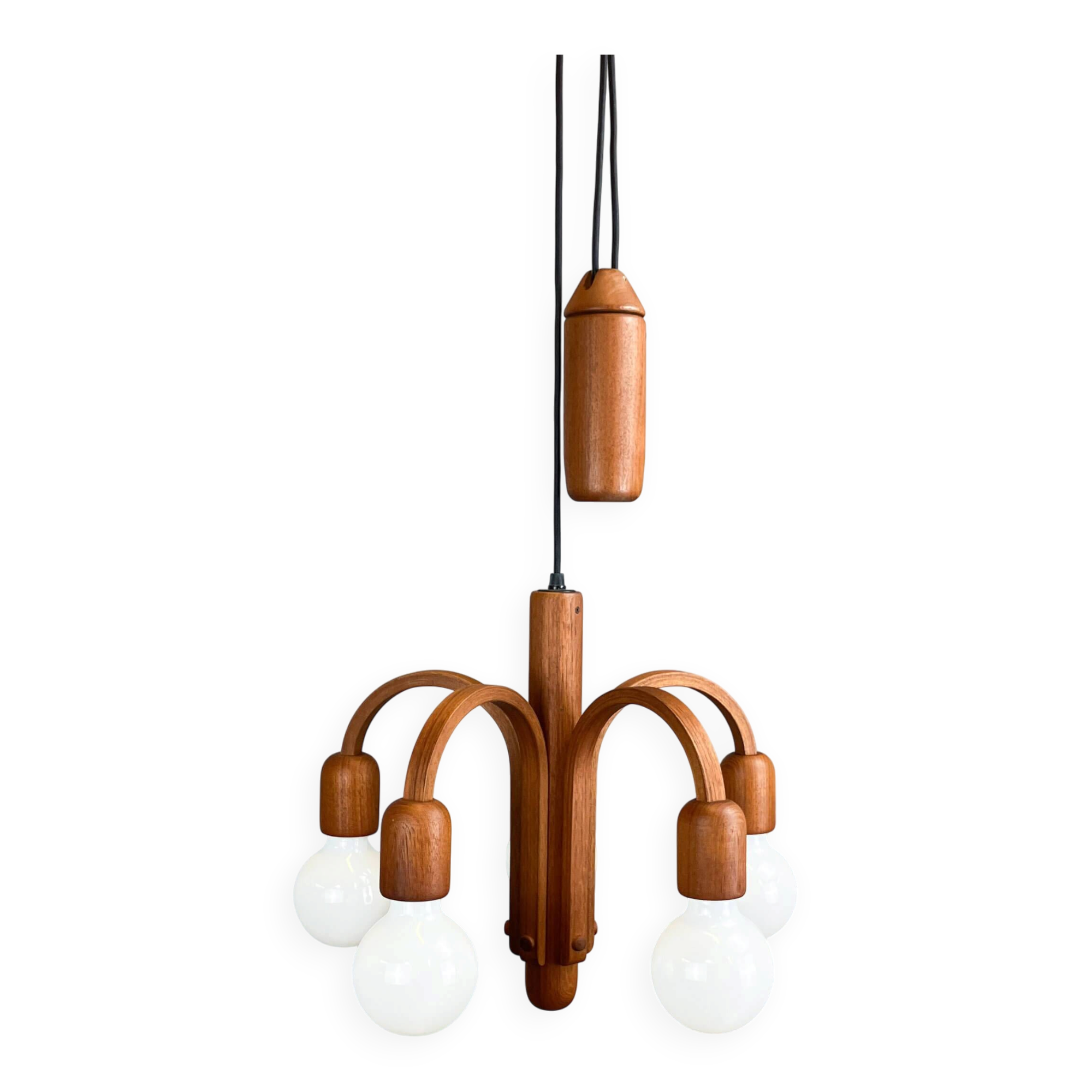 ‘Candela’ chandelier/pendant light by F. G. Schmidt for Domus, teak with 5 globe bulbs, 1960s