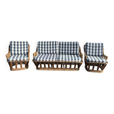 Salon vintage en rotin – canapé et deux fauteuils – années 60/70