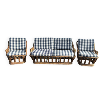 Salon vintage en rotin – canapé et deux fauteuils – années 60/70
