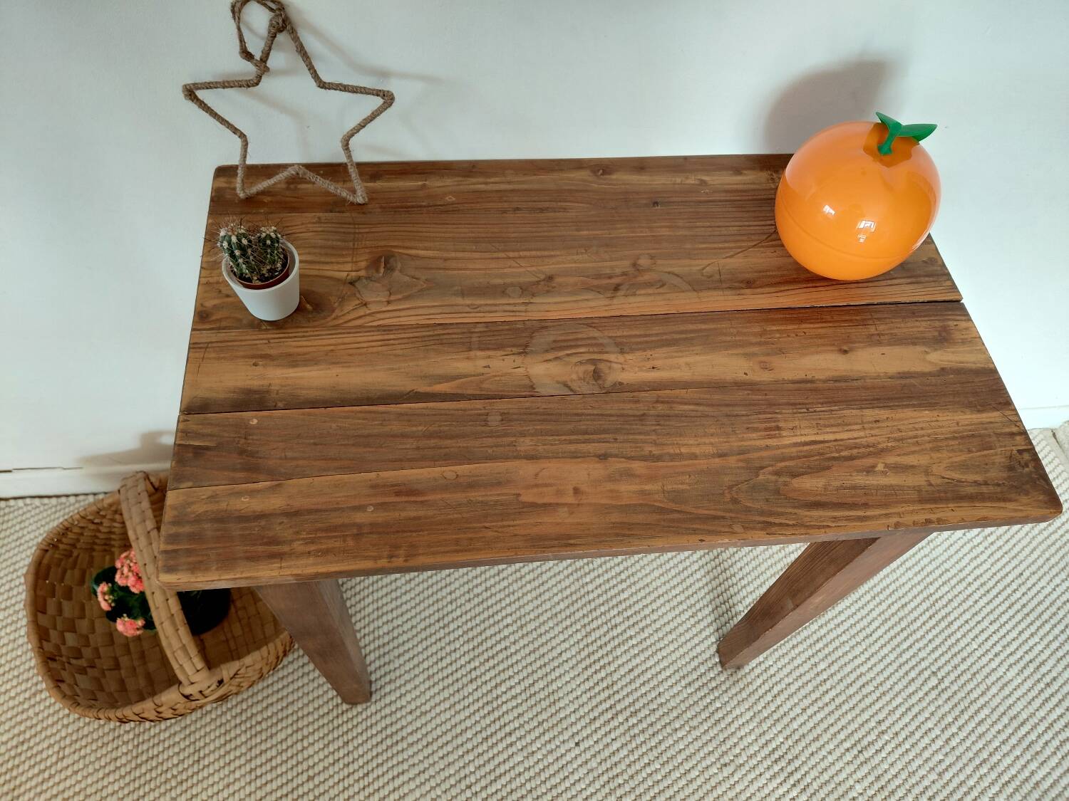 Small antique solid wood table in chic country style with a drawer.