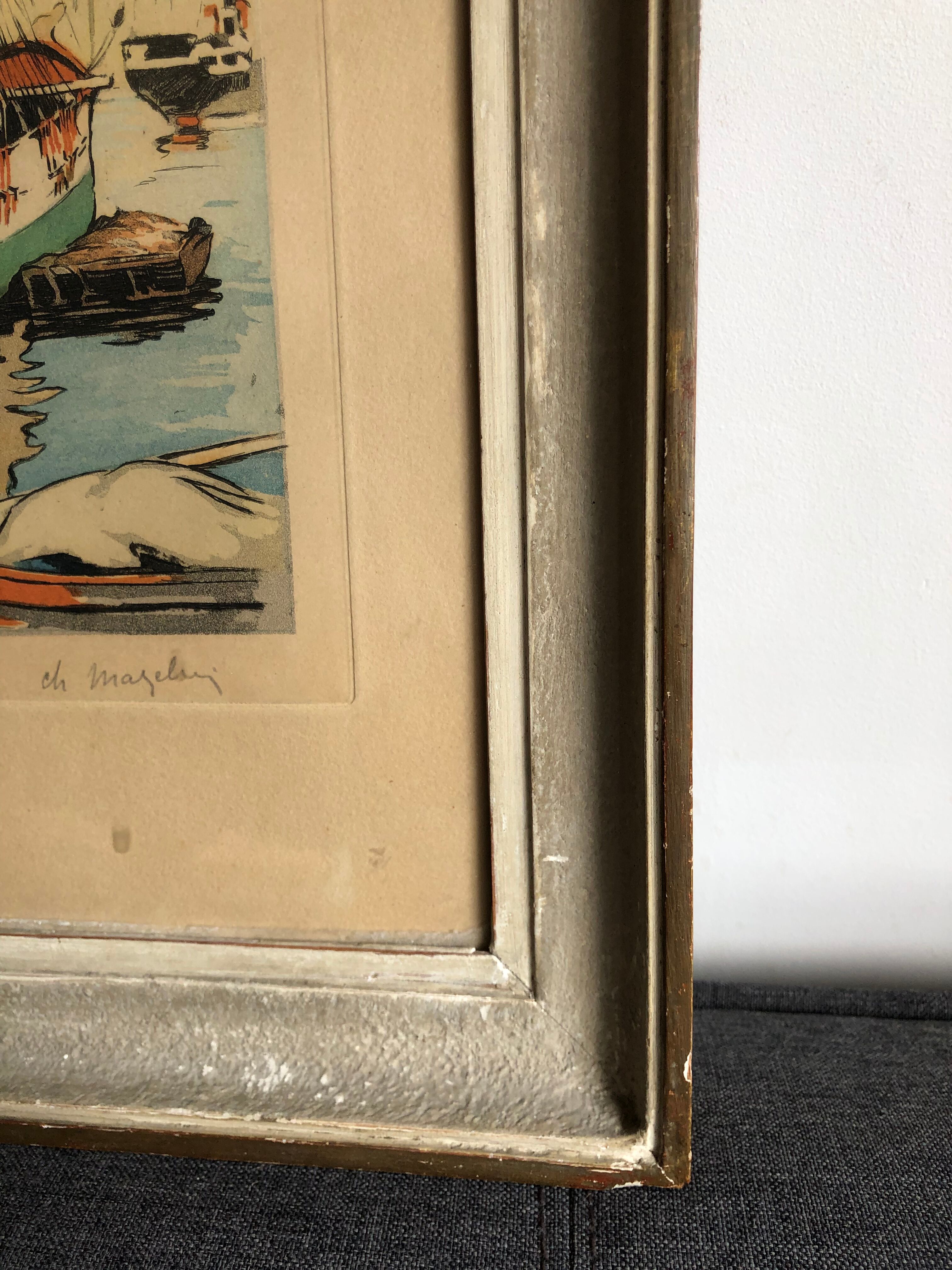 Framed engraving port landscape