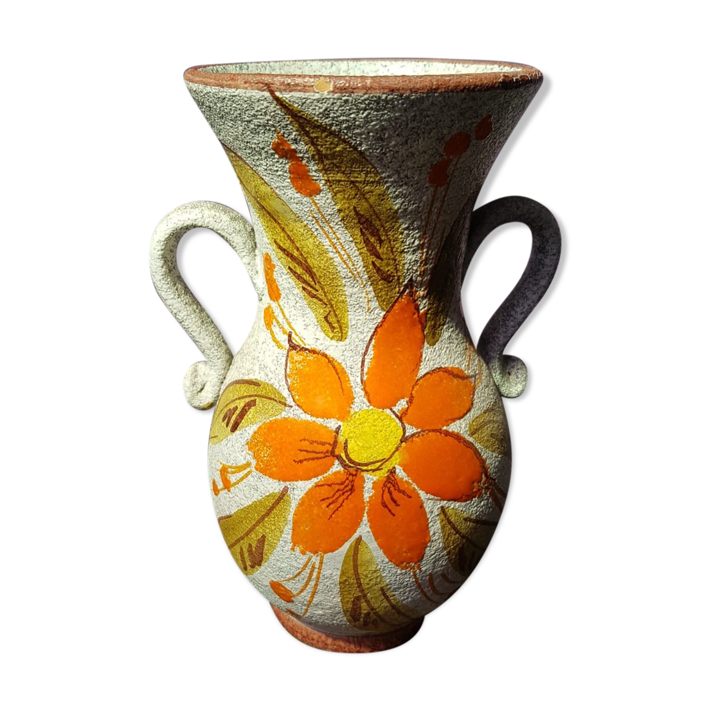 Old vase with enamelled ceramic coves décor flowers made in italy vintage