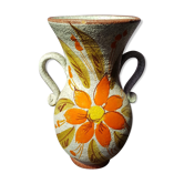Old vase with enamelled ceramic coves décor flowers made in italy vintage