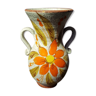 Ancien vase avec anses céramique émaillée décor fleurs made in italy vintage