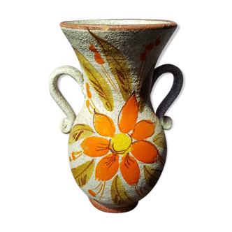 Old vase with enamelled ceramic coves décor flowers made in italy vintage