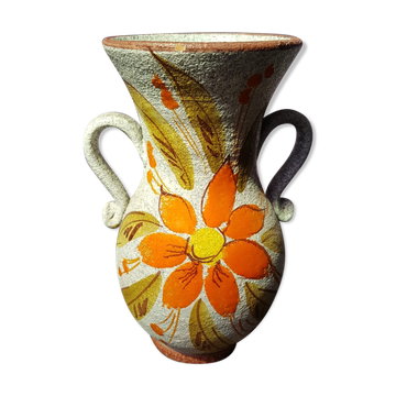Old vase with enamelled ceramic coves décor flowers made in italy vintage