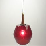 Mid century glass and teak pendant lamp, 1970s