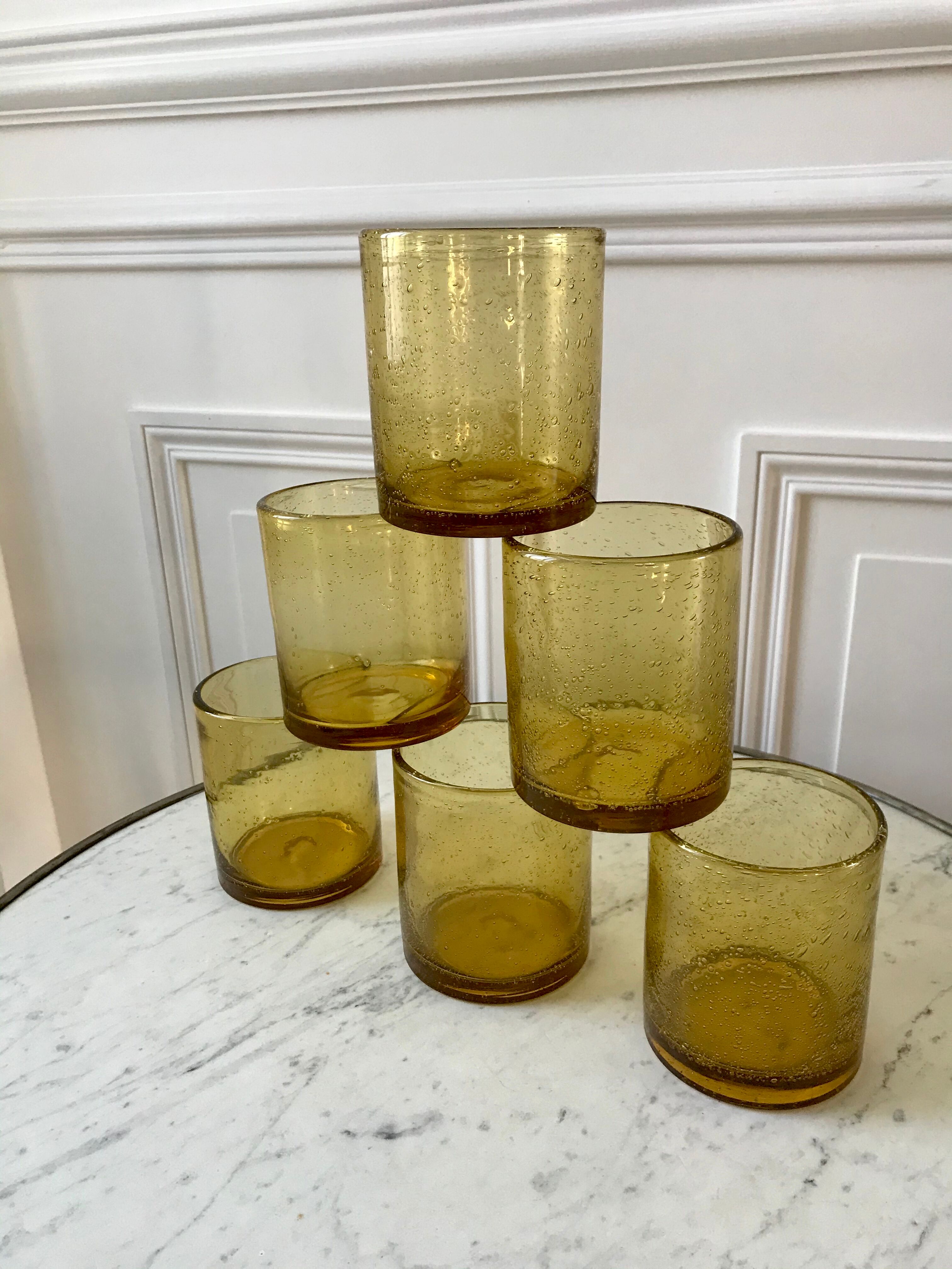 Set of 6 yellow bubble glass water glasses 70s