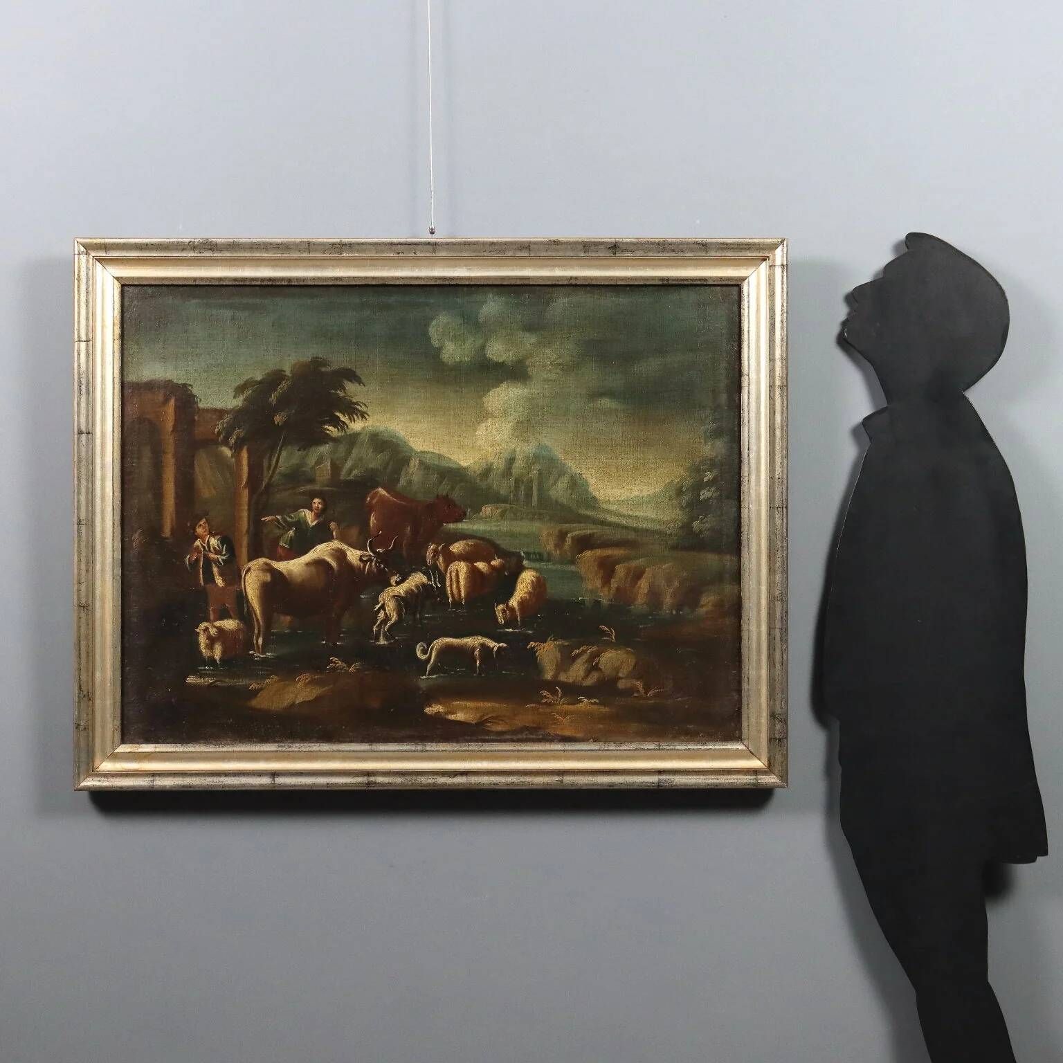 Ancient painting of a landscape with shepherds and herds, 18th century.