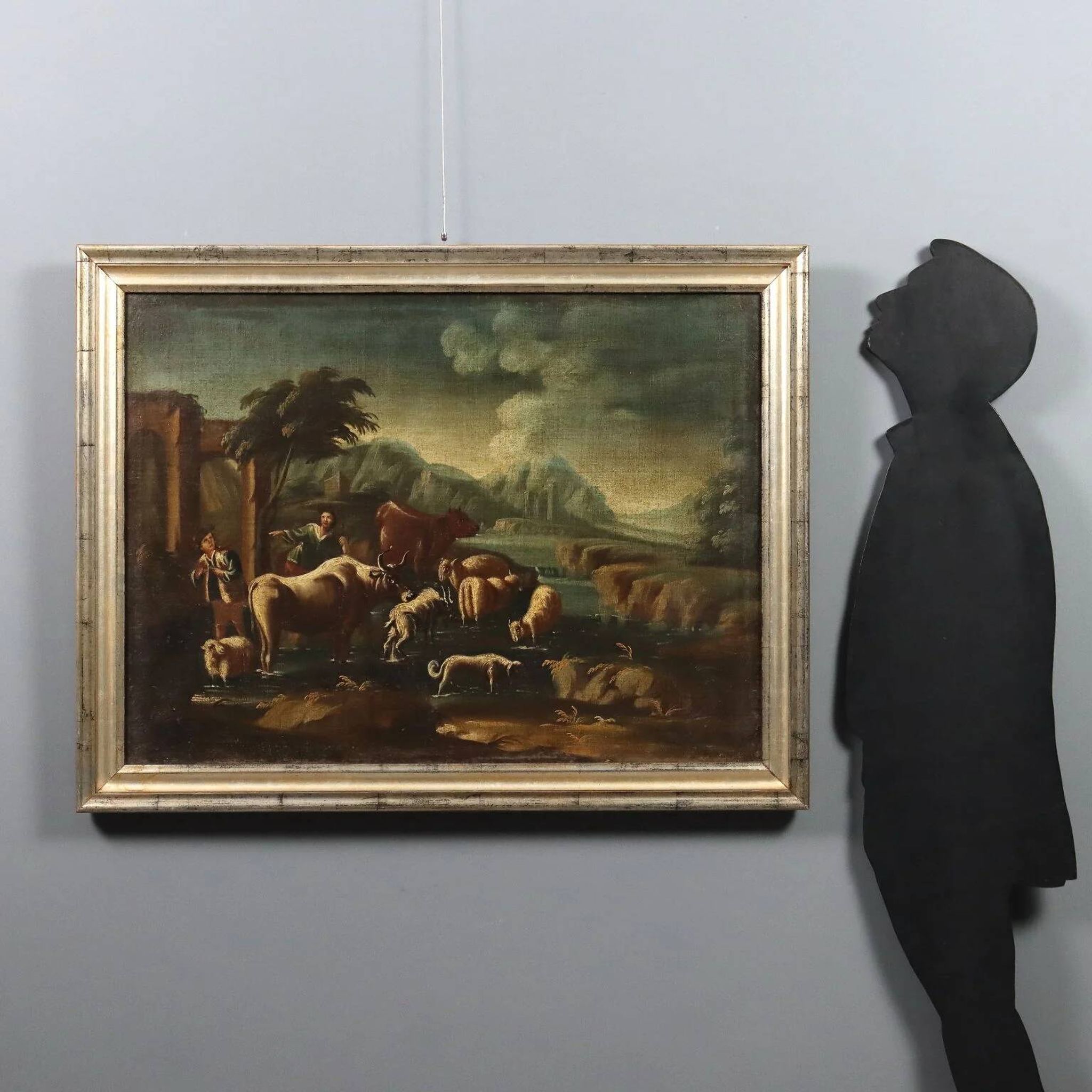 Ancient painting of a landscape with shepherds and herds, 18th century.
