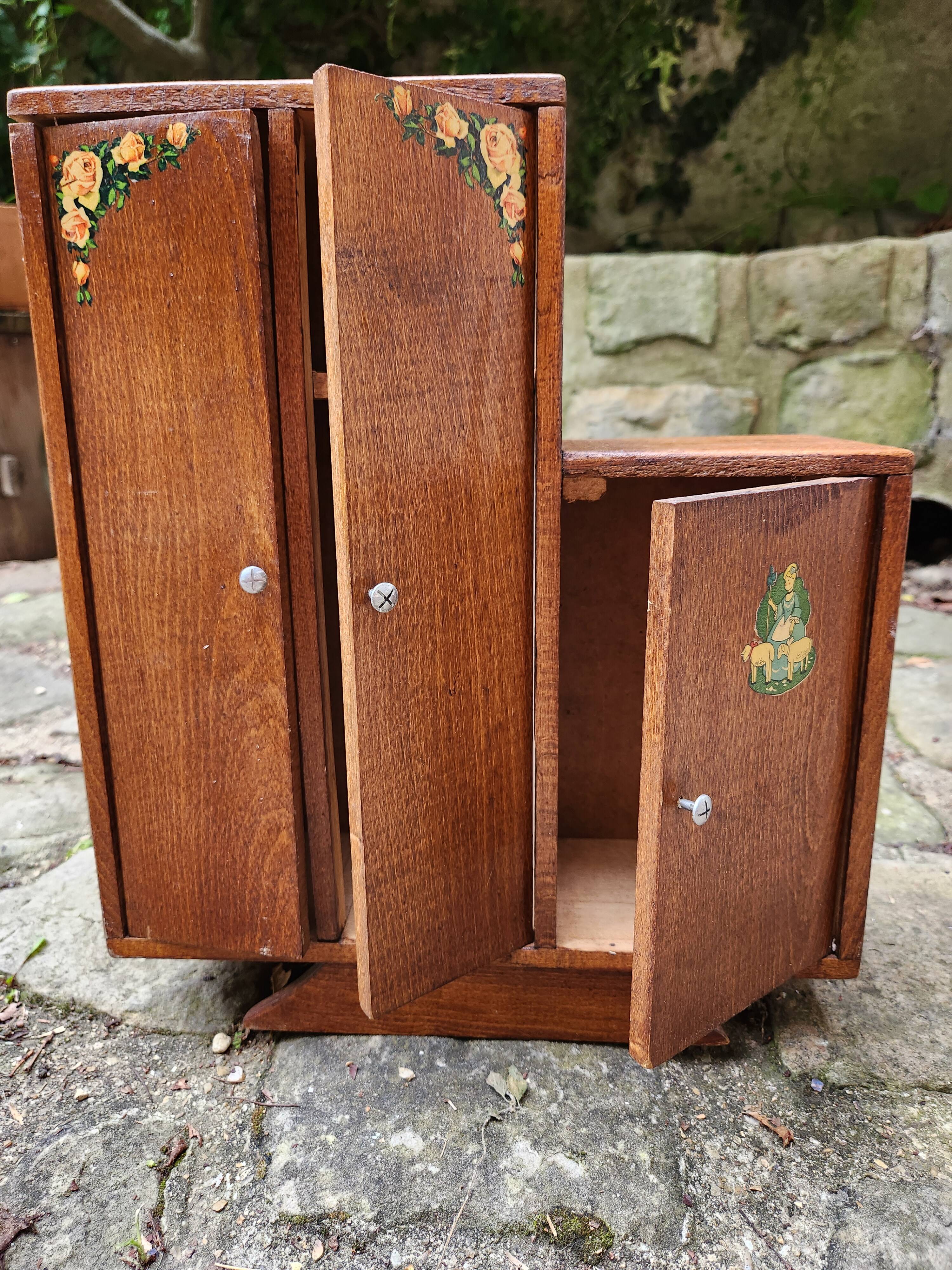 Vintage wooden doll wardrobe Art Deco