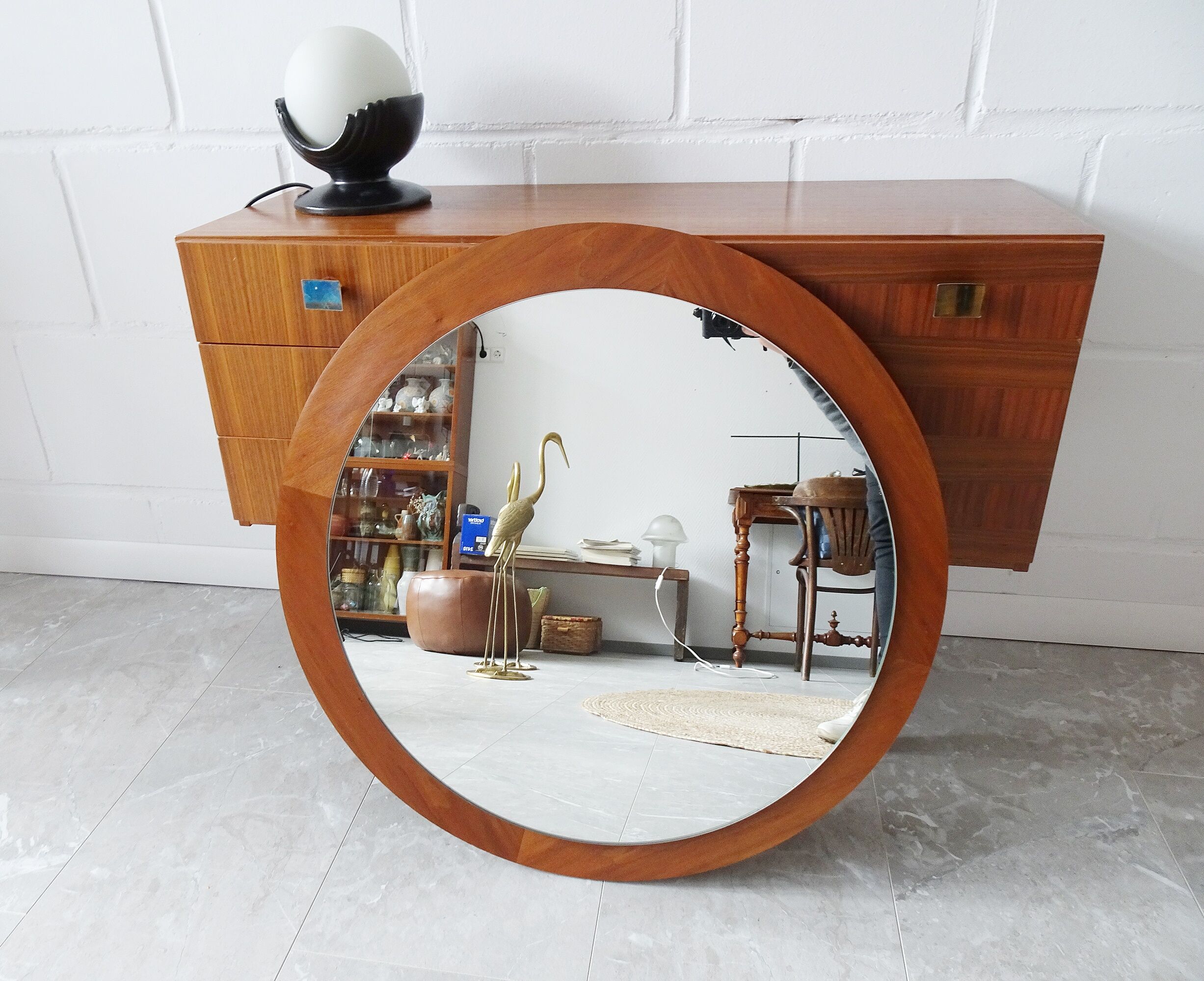 round teak mirror
