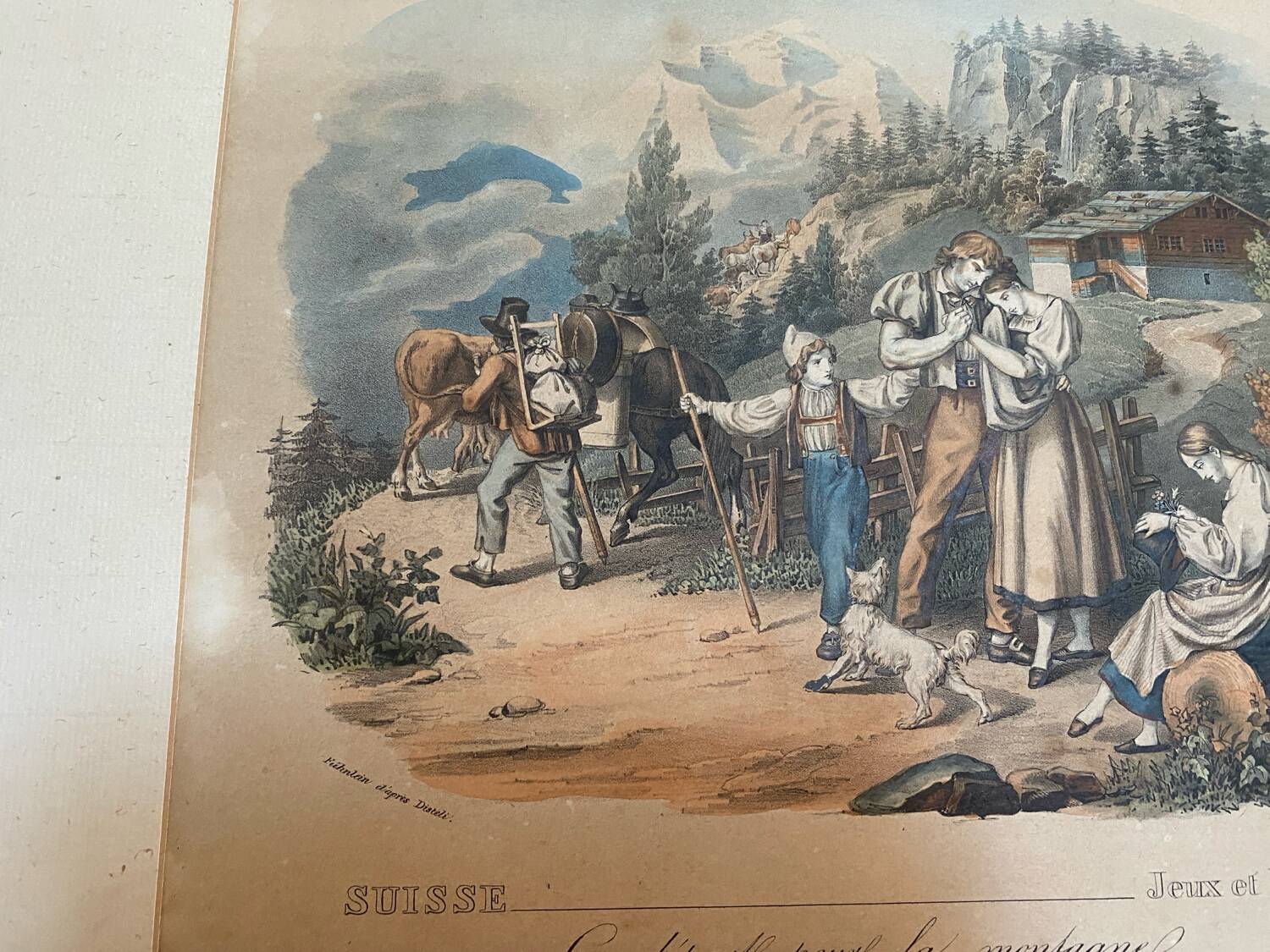 Grande gravure ancienne suisse « le départ pour la montagne »