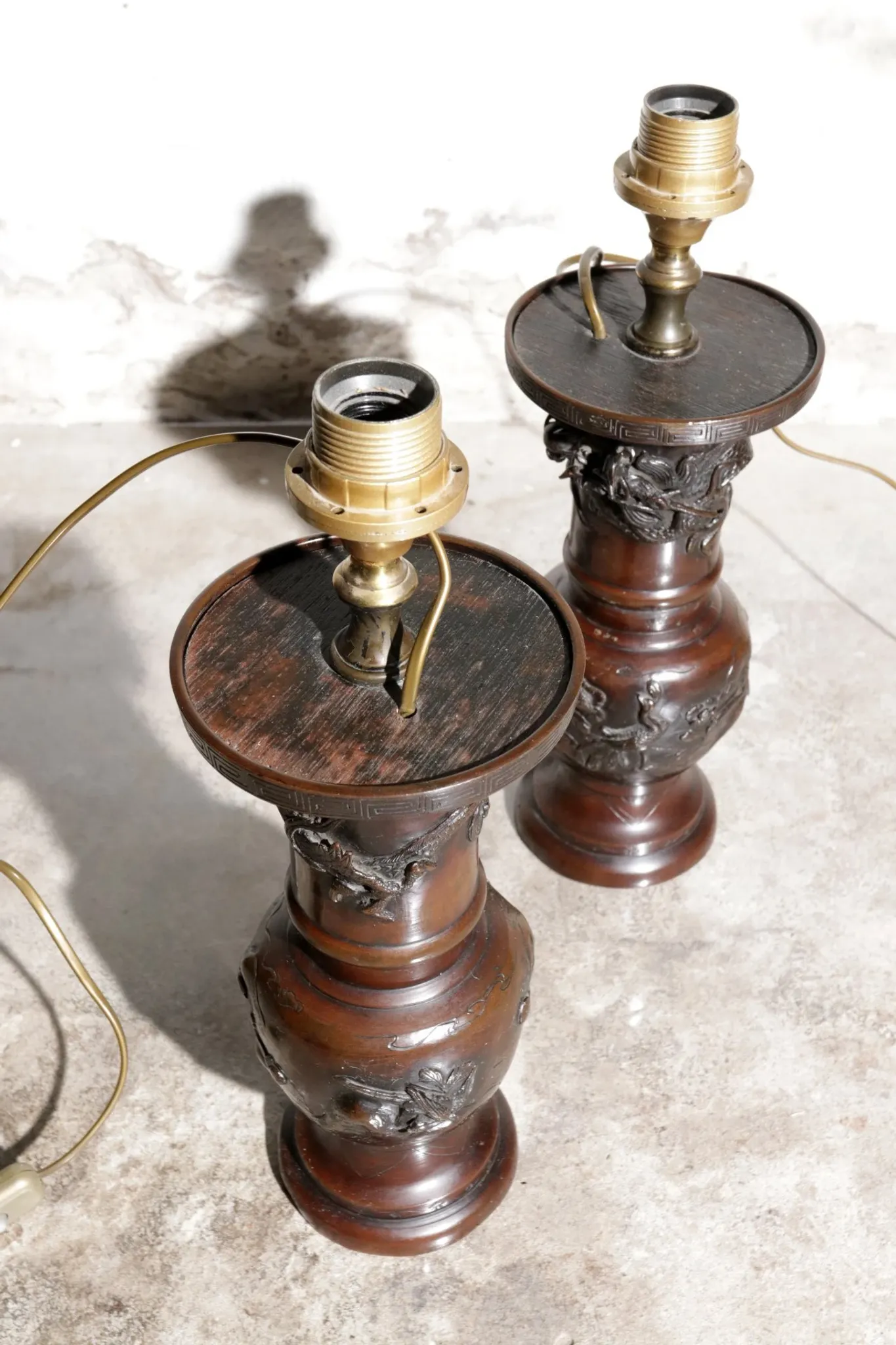 Set of 19th-century Japanese vase lamps with dragons and birds