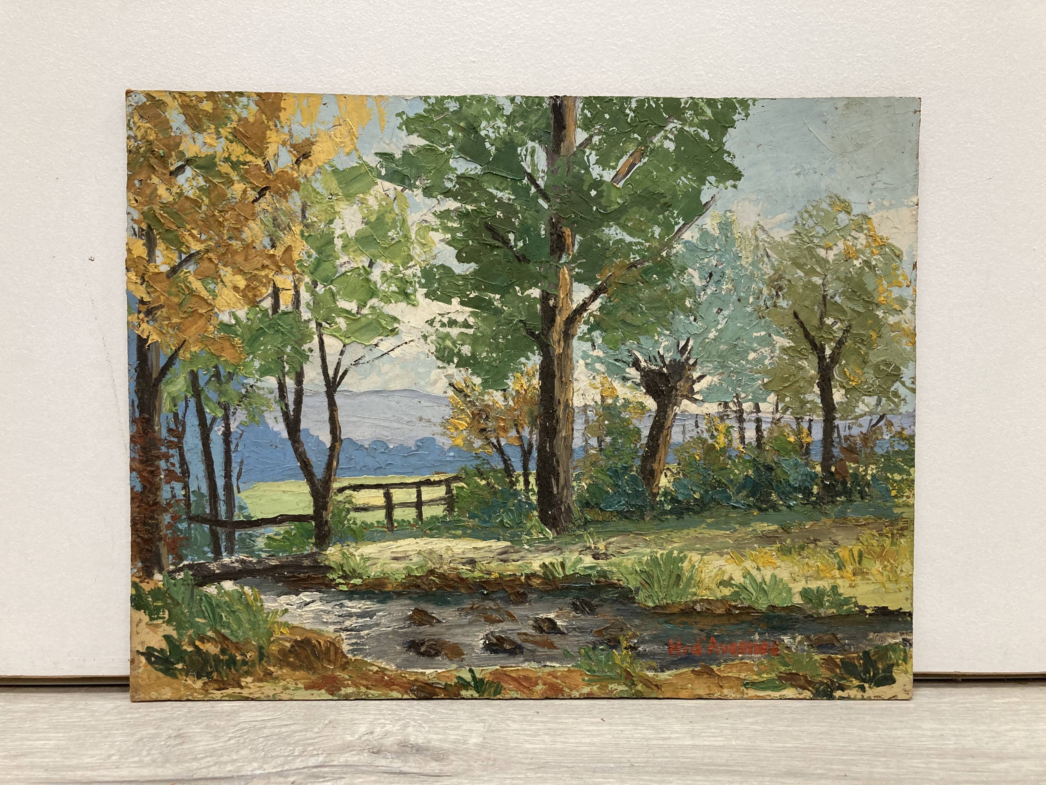 Oil on panel Landscape at the watercourse