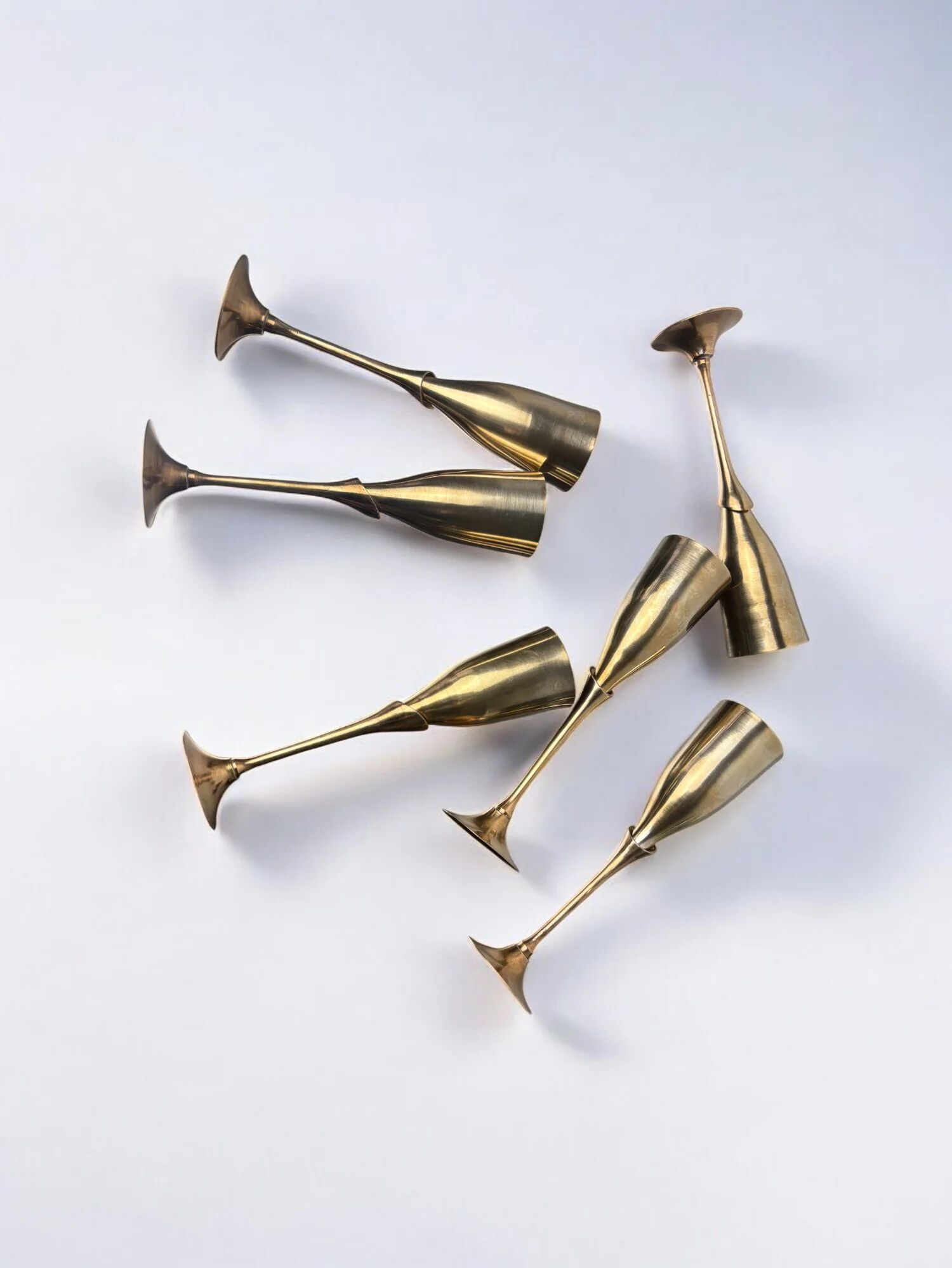 Brutalist champagne glasses in brass, set of 6, Spain, 1970s