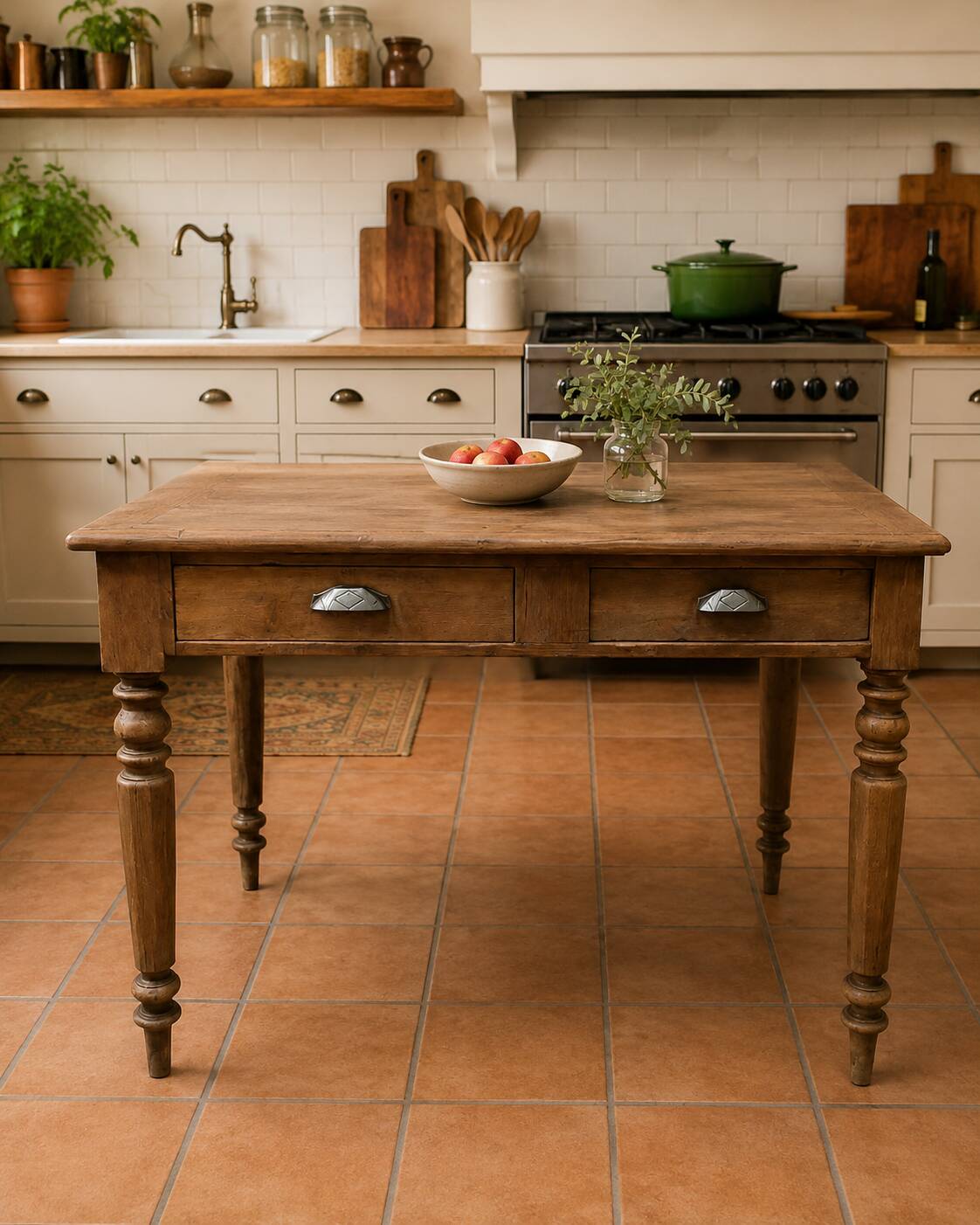 Antique farmhouse table in solid oak – Art Deco handles