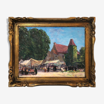 Huile sur toile, "Jour de marché " d'Henri Coutant, fin XIXème