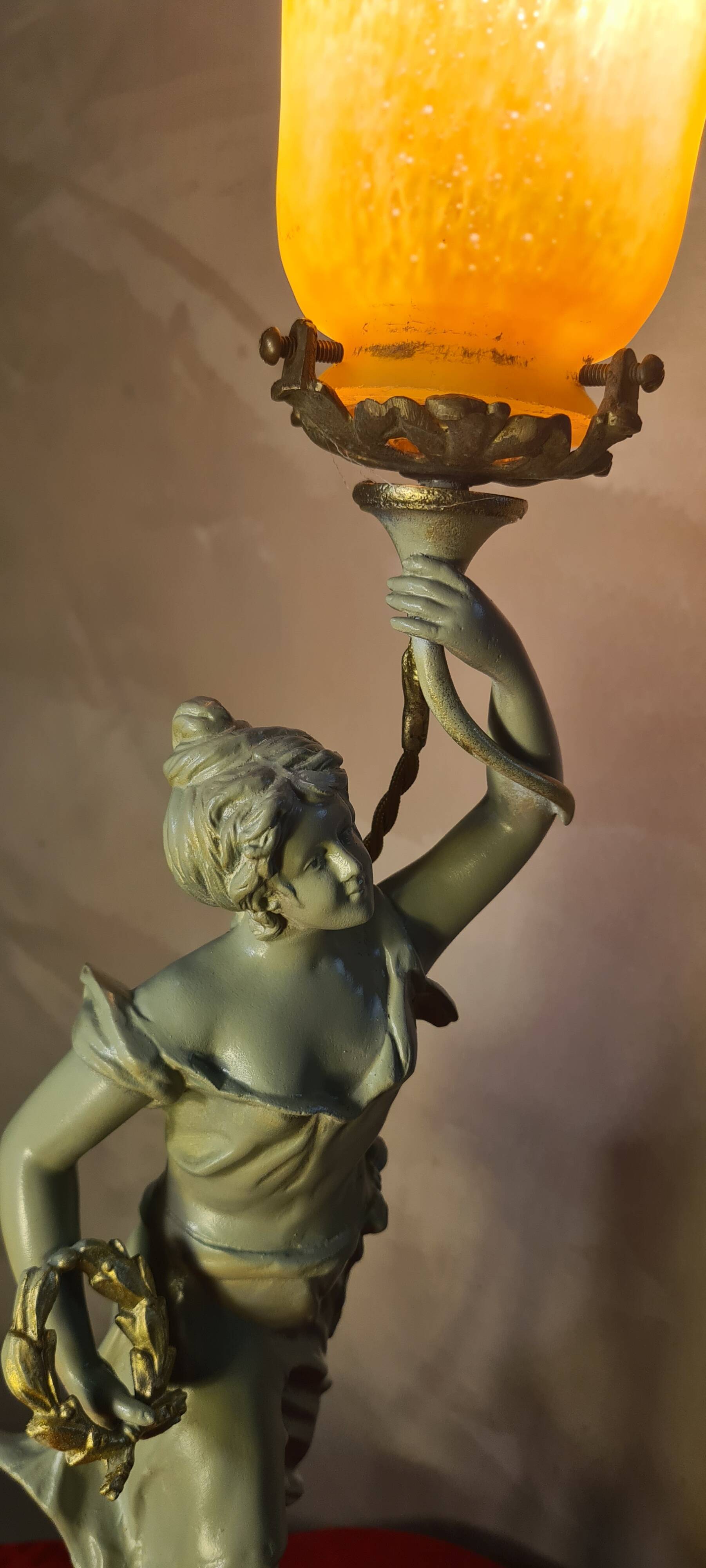 1900 brass lamp with glass paste tulip signed tief, 56x15