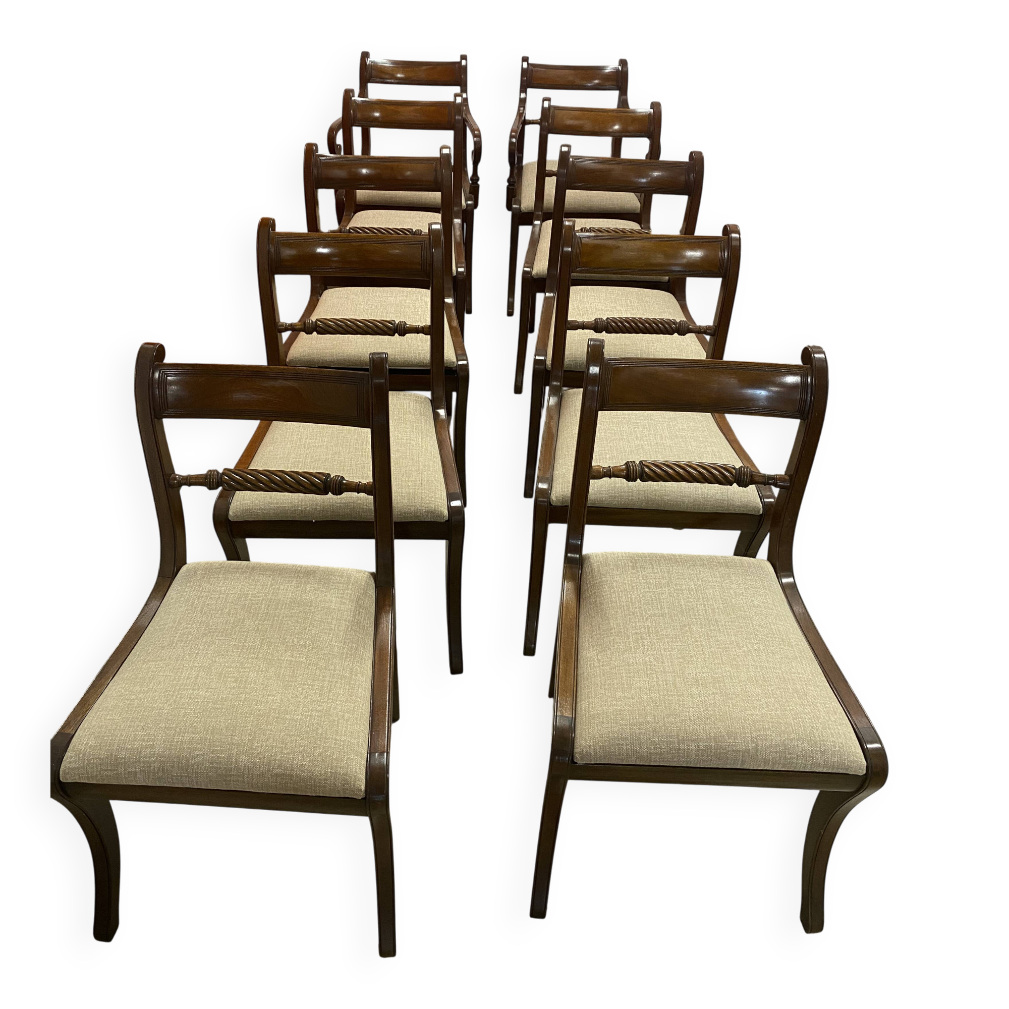 Set of 10 antique Trafalgar chairs in mahogany with twisted backrest.