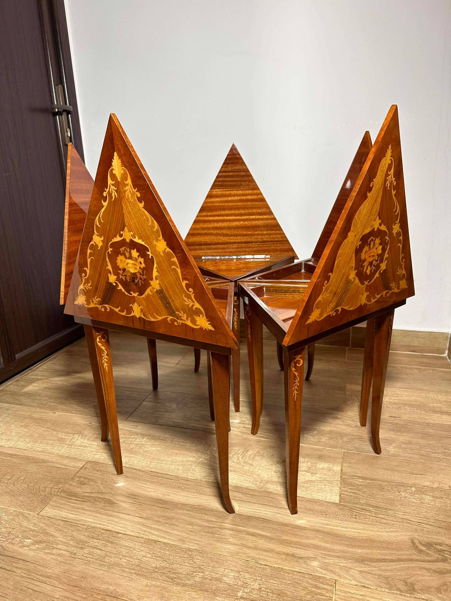 Italian Marquetry Five Piece Triangle Table