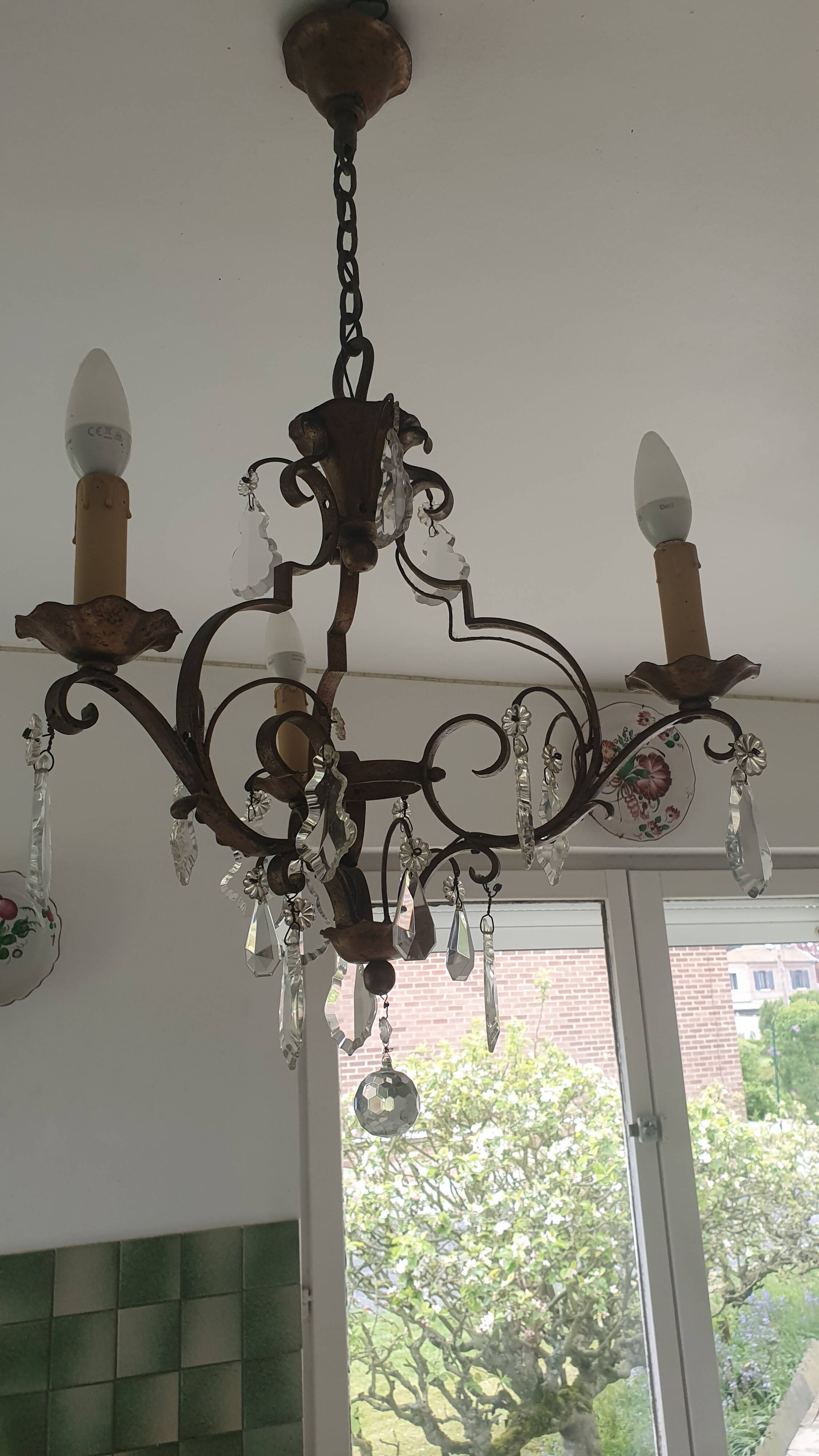 Bronze chandelier with crystal pendants