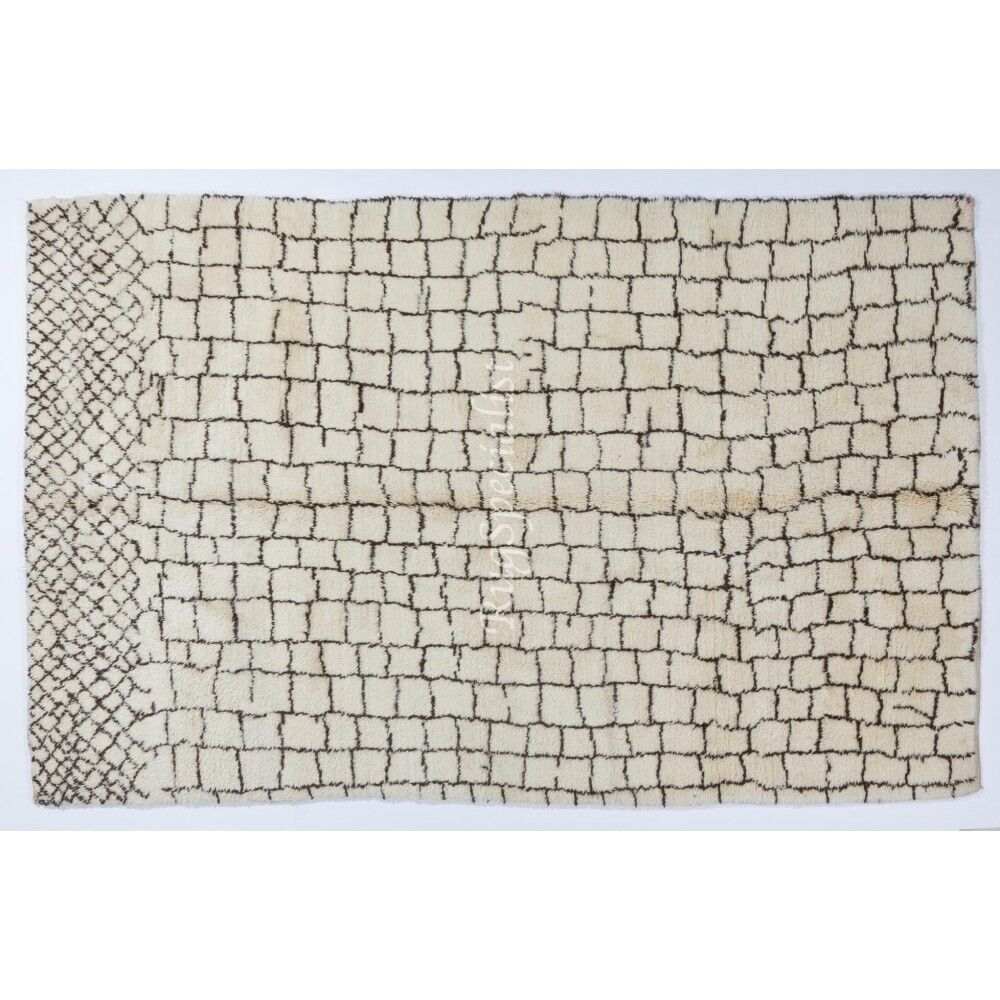Modern Moroccan Berber Rug Made of Natural Ivory & Brown Wool, Beni Ourain Hand-Knotted Carpet