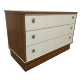 Commode basse 3 tiroirs acajou et satin blanc, France vers 1980