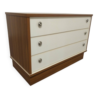 Low chest of drawers with 3 drawers in mahogany and white satin, France circa 1980.