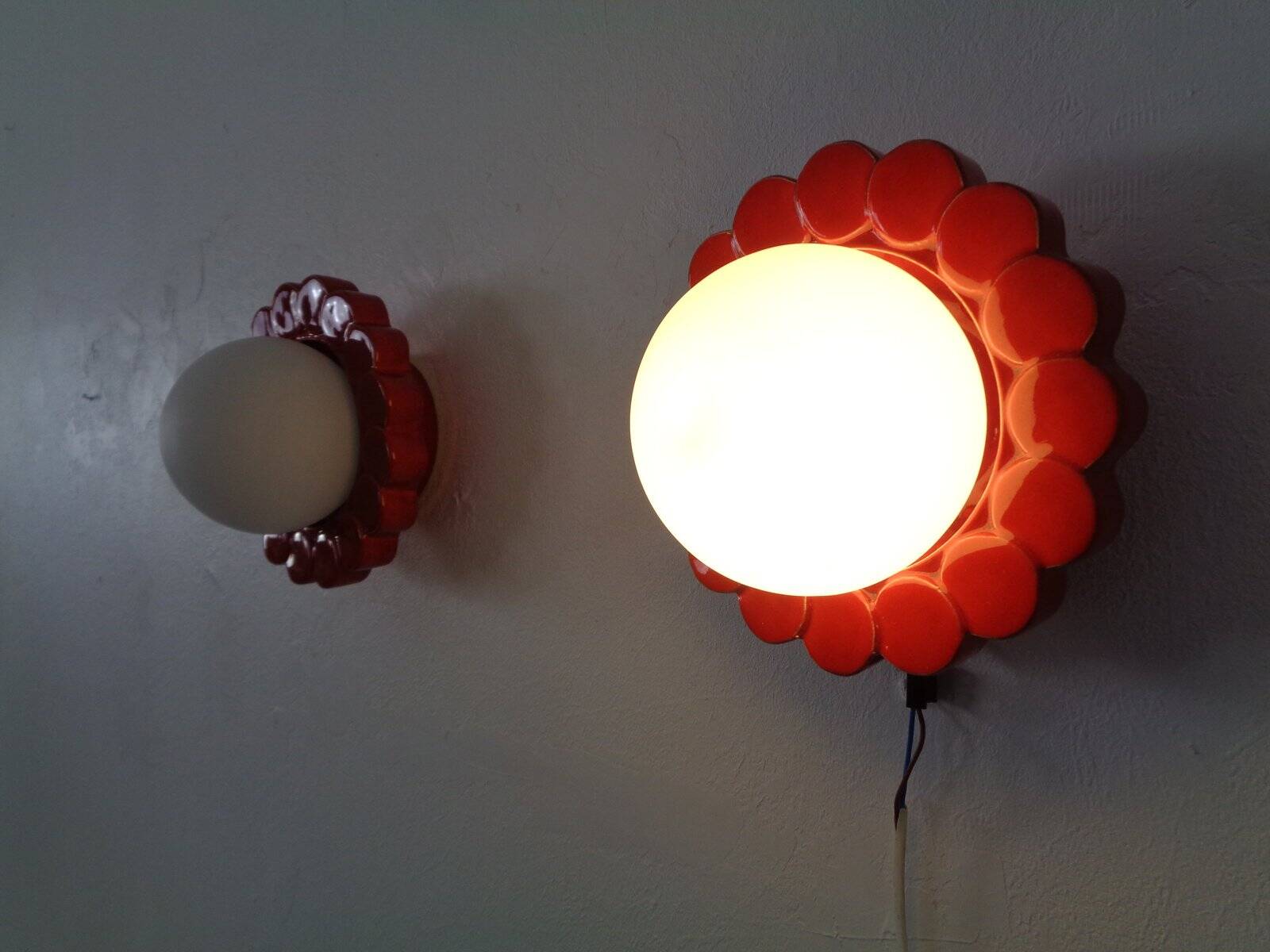 Pop Art Studio Ceramic & Glass Flower Wall Lamps, Germany, 1960s, Set of 2