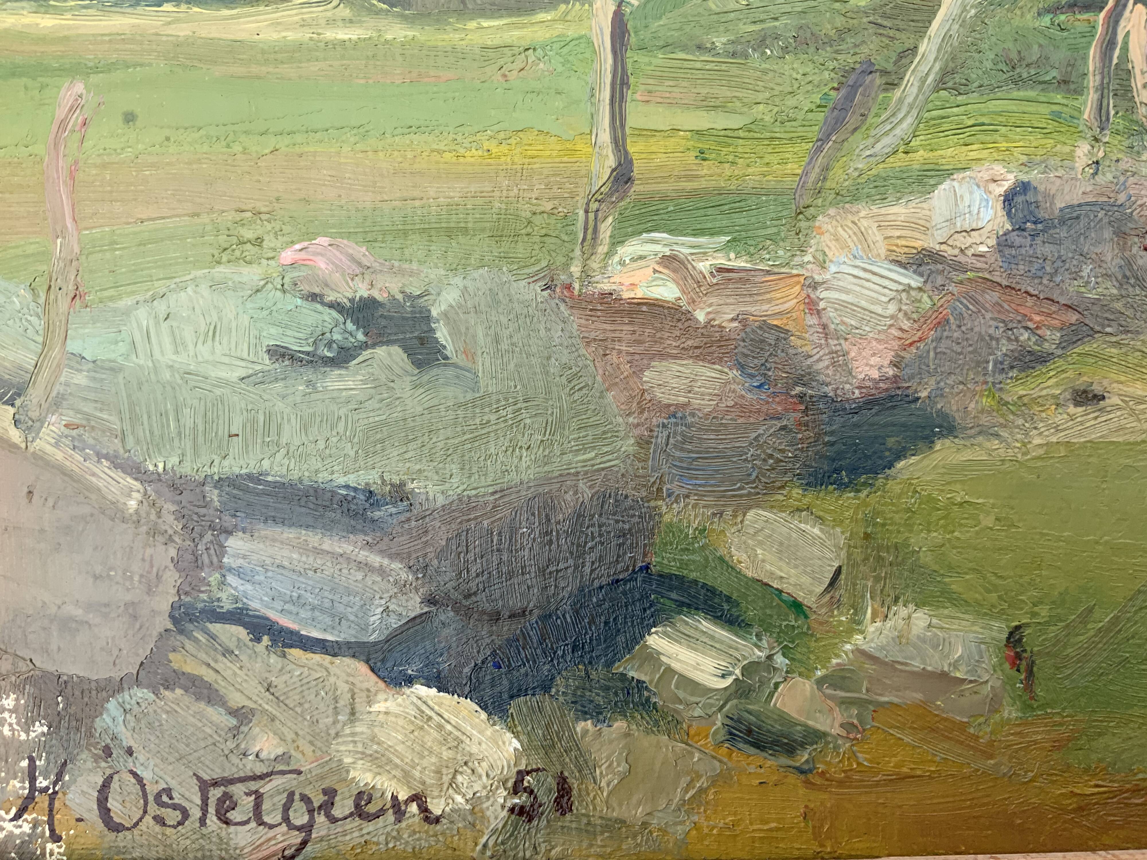 Vintage Modernist Landscape Scene Oil Painting H. Ostergren 1951