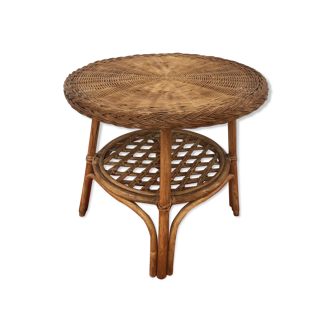 Vintage round coffee table in braided rattan