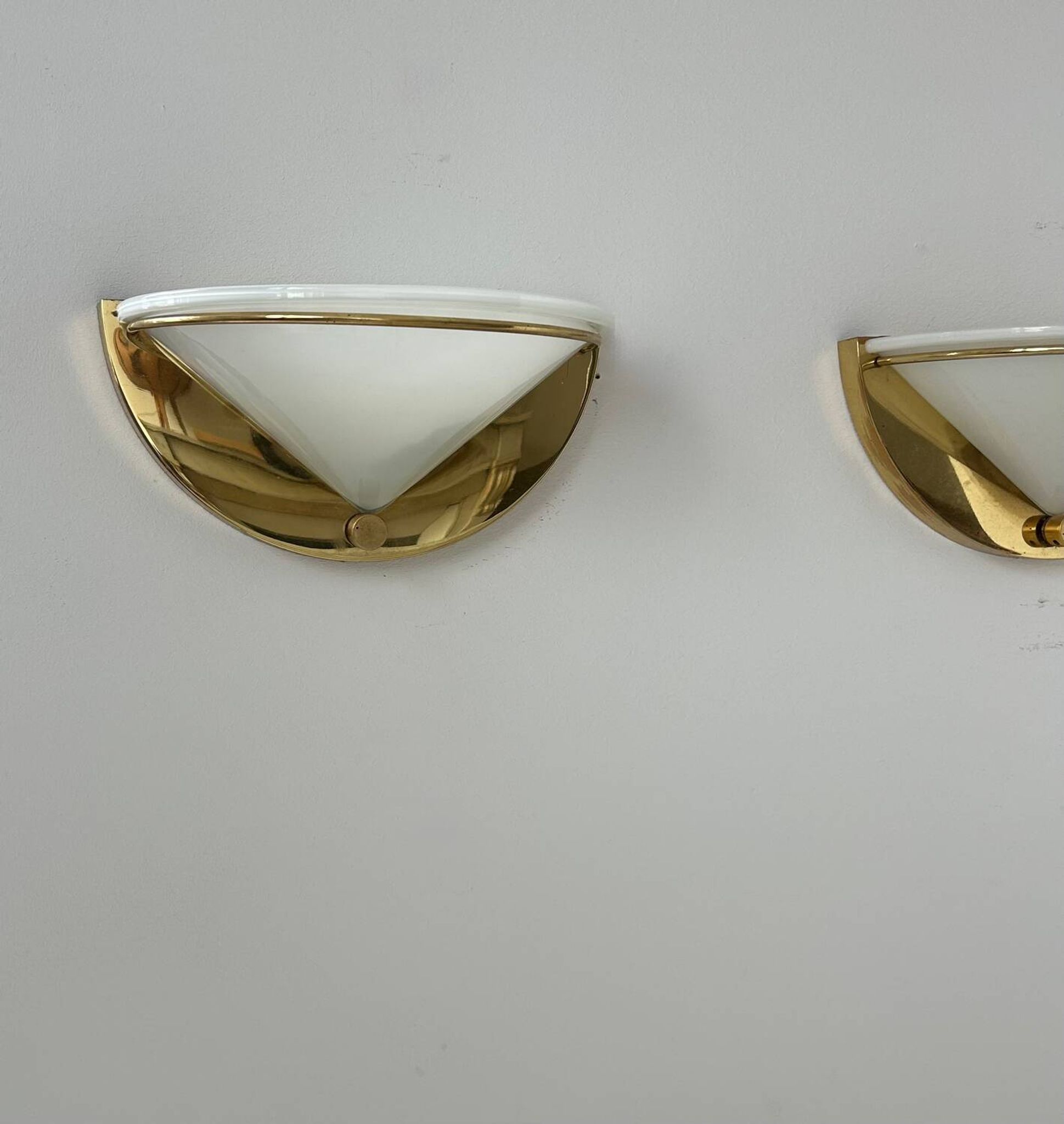 Pair of vintage wall lights, brass and opaline glass, Italy 1970