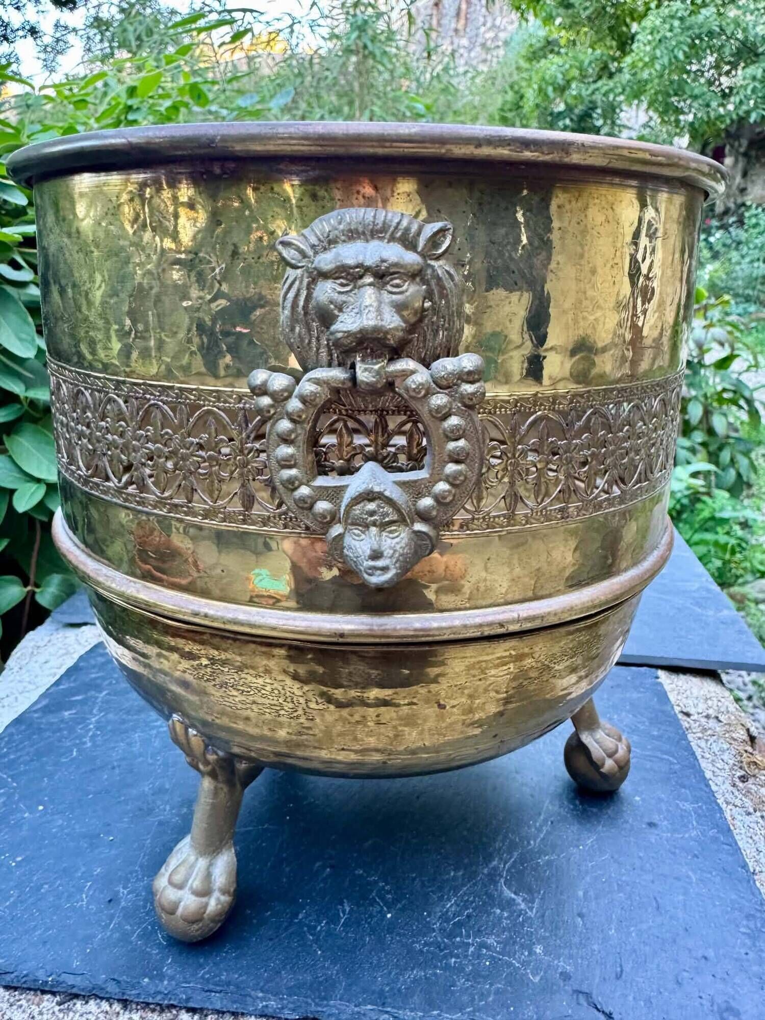 Large solid brass lion cache pot Art Nouveau