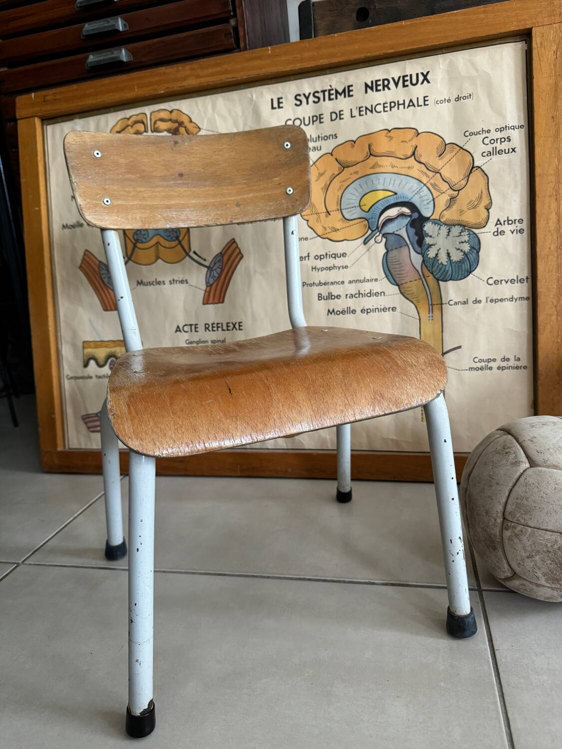 Old wooden and metal children's school chair