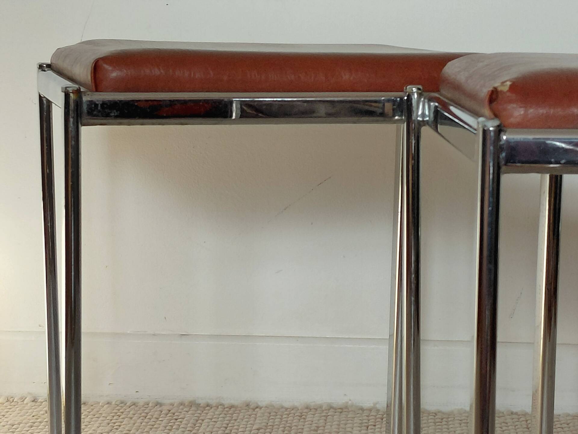 Pair of vintage stackable stools in faux leather and chrome - 70s