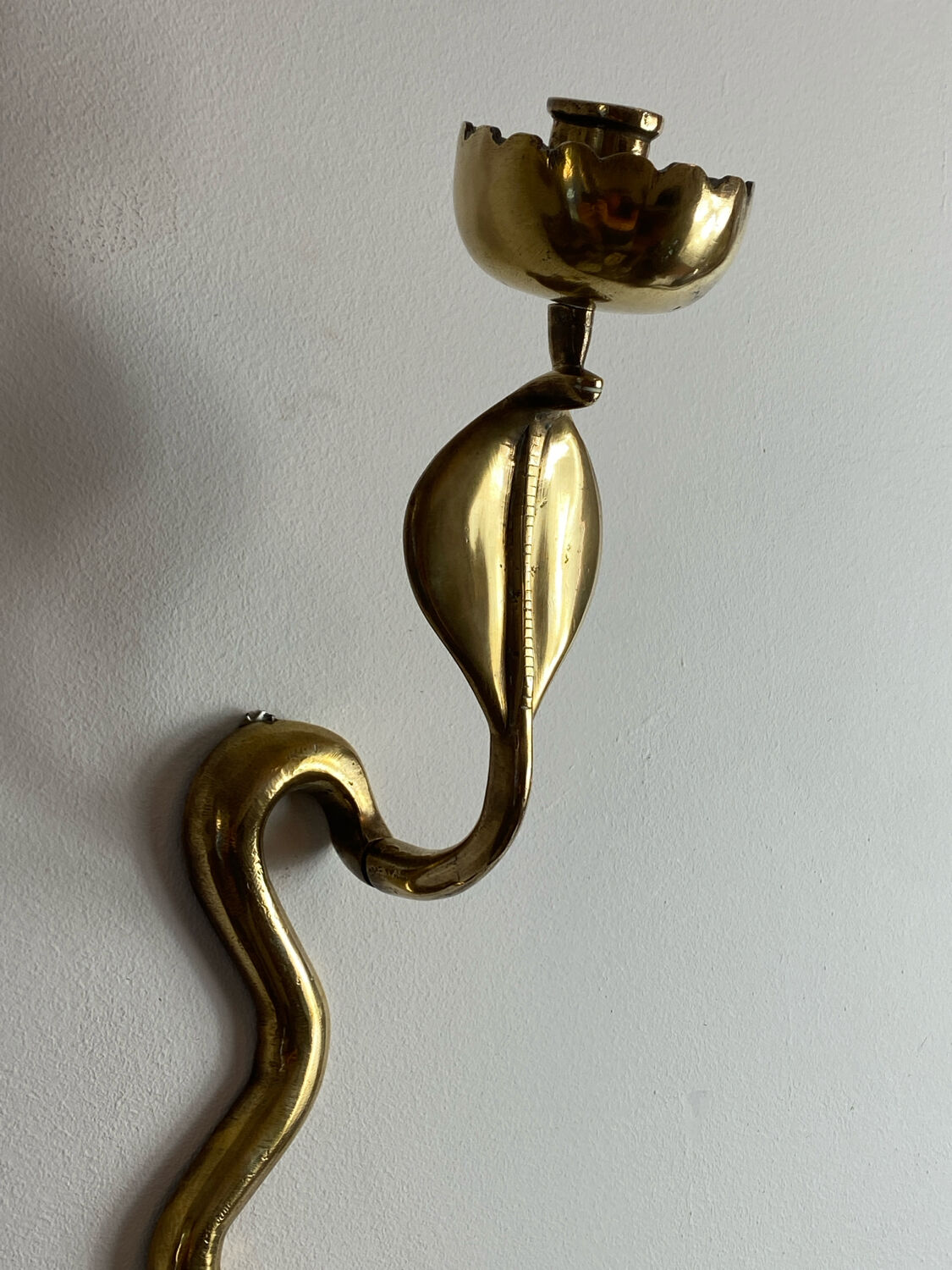 Large brass cobra wall candle holder