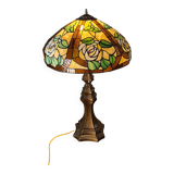 Large brass lamp, 1970, 6kg, restored electrical wiring, 67x47cm stained glass lampshade