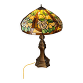 lampe laiton grand format1970 ,6kg elec restauré ,67x47 abat jour vitrail s