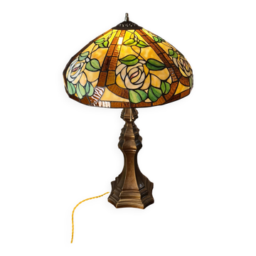 Large brass lamp, 1970, 6kg, restored electrical wiring, 67x47cm stained glass lampshade