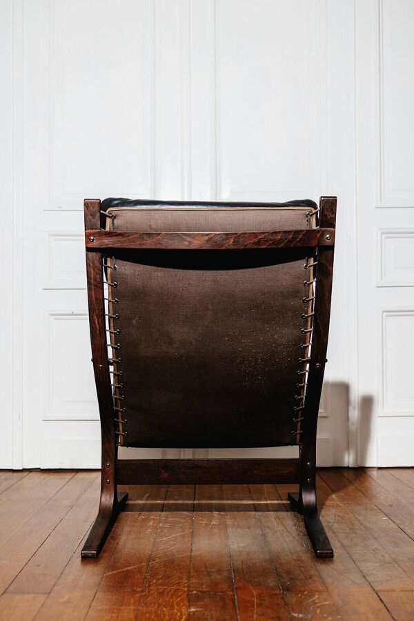 Fauteuil Siesta et ottoman cuir noir par Ingmar Relling pour Westnofa, Norv