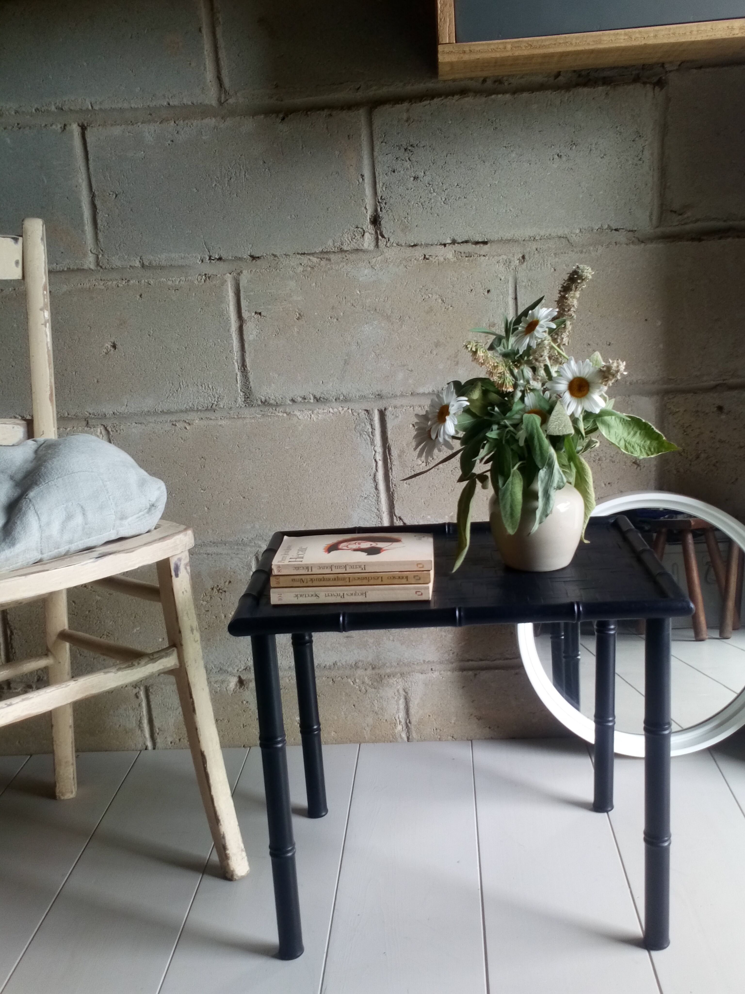 Black wood and bamboo side table
