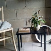 Black wood and bamboo side table