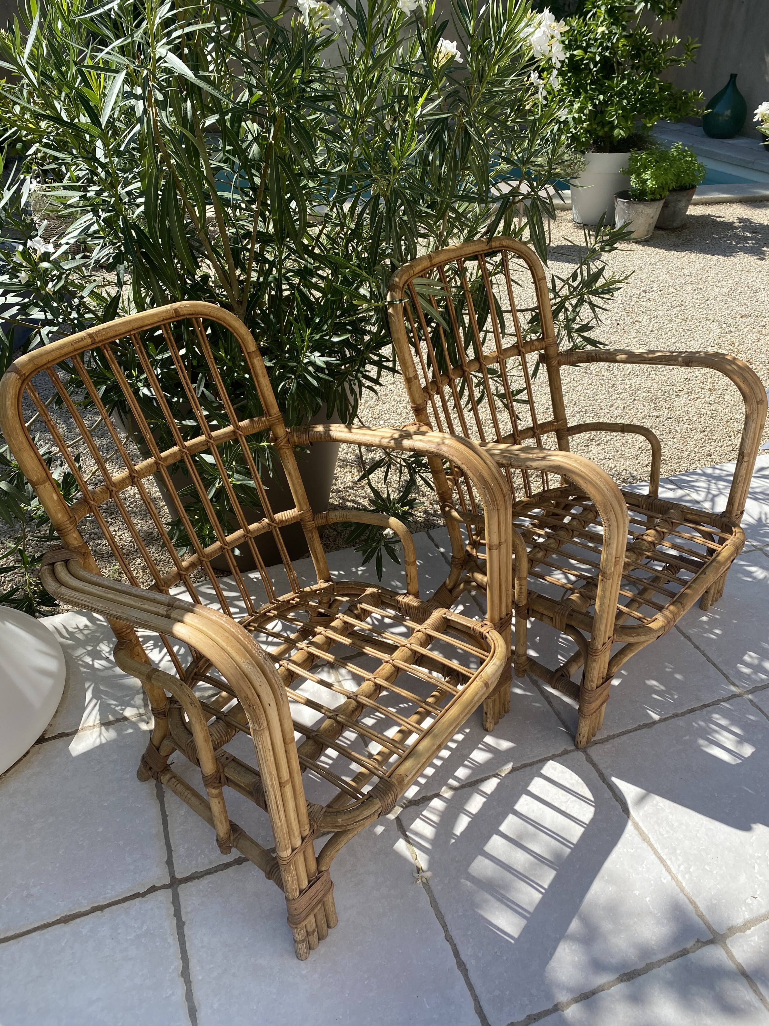 Pair of bamboo and rattan armchairs