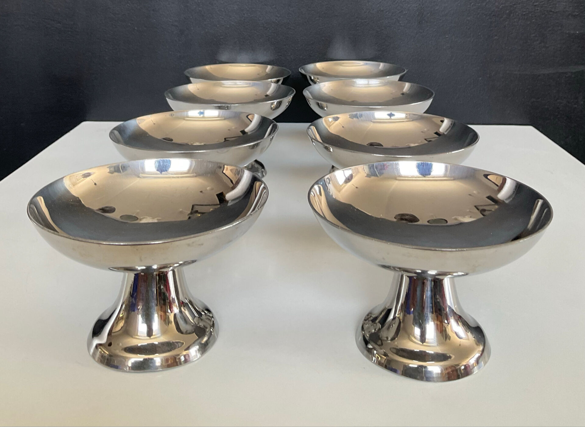 Set of 8 vintage stainless steel ice cream bowls