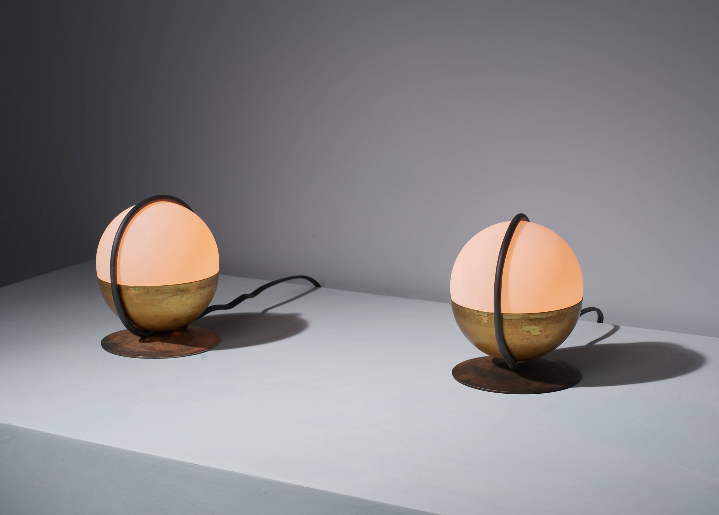 1950s Pair of Italian Table Lamp with Opaline Glass and Brass