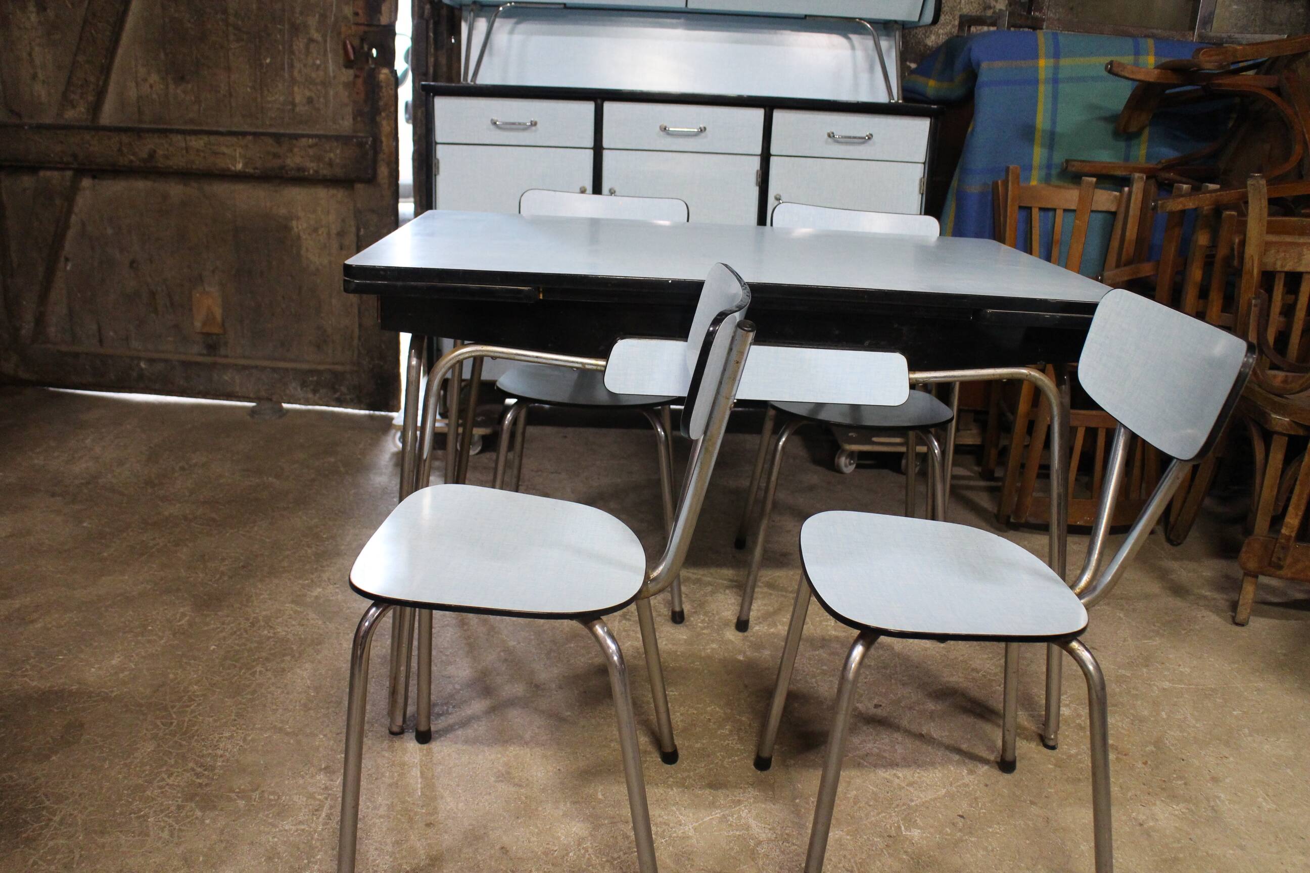 complete kitchen in blue formica buffet table and chairs