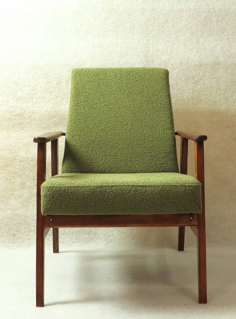 Fauteuil scandinave boucle eucalyptus vert oryginal model 1970 rénové chaise de salon moderne design milieu du siècle