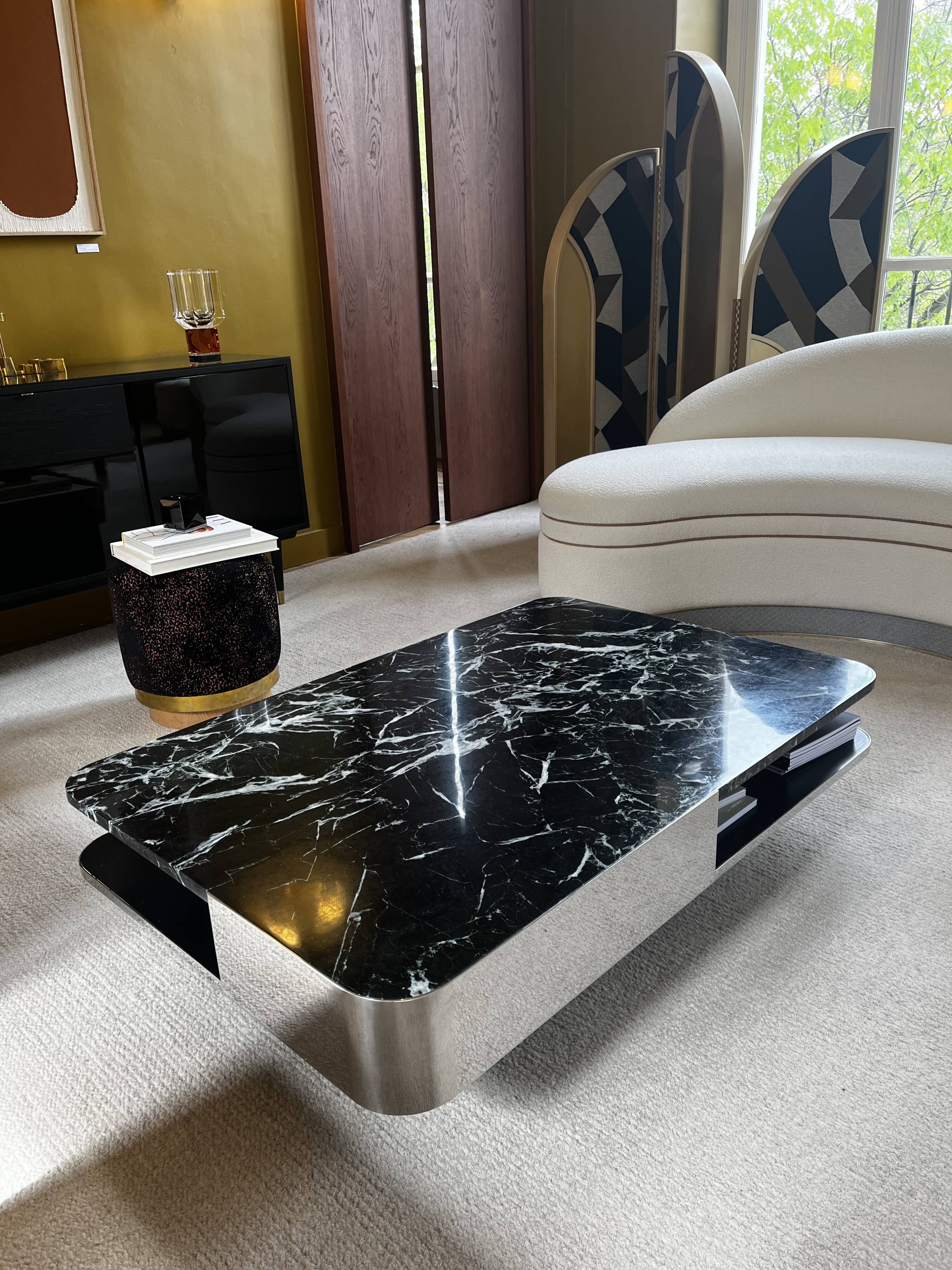 Coffee table lounge marble green stainless steel wide
